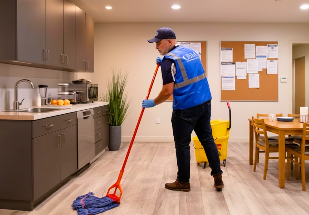 Commercial Janitor from BSM Facility Services Group cleans office Breakroom