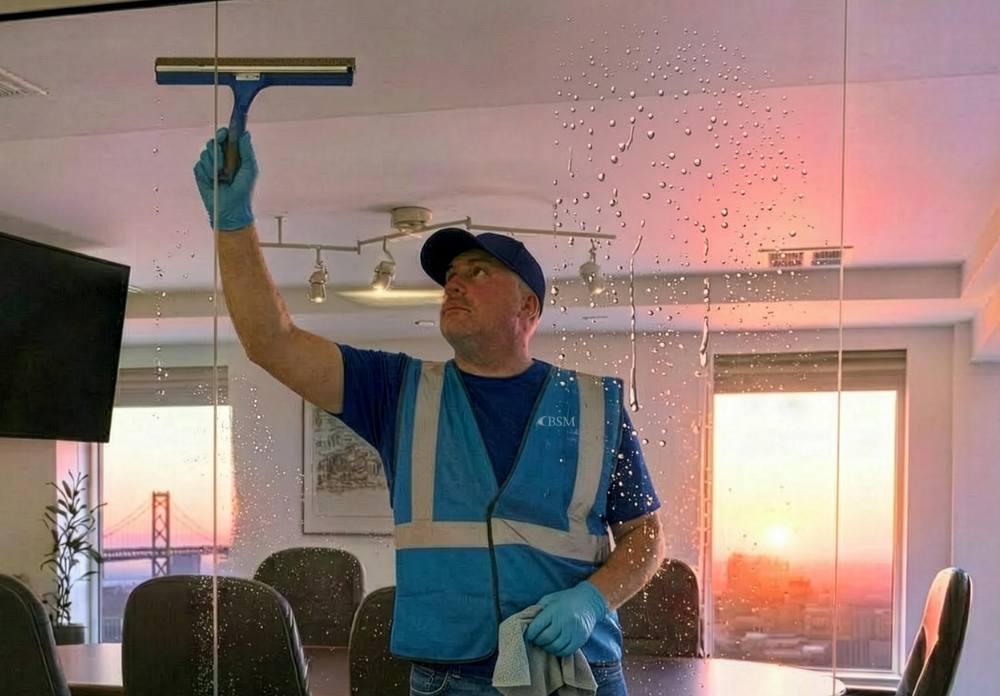 Commercial Janitor from BSM Facility Services Group washes glass divider of a conference room