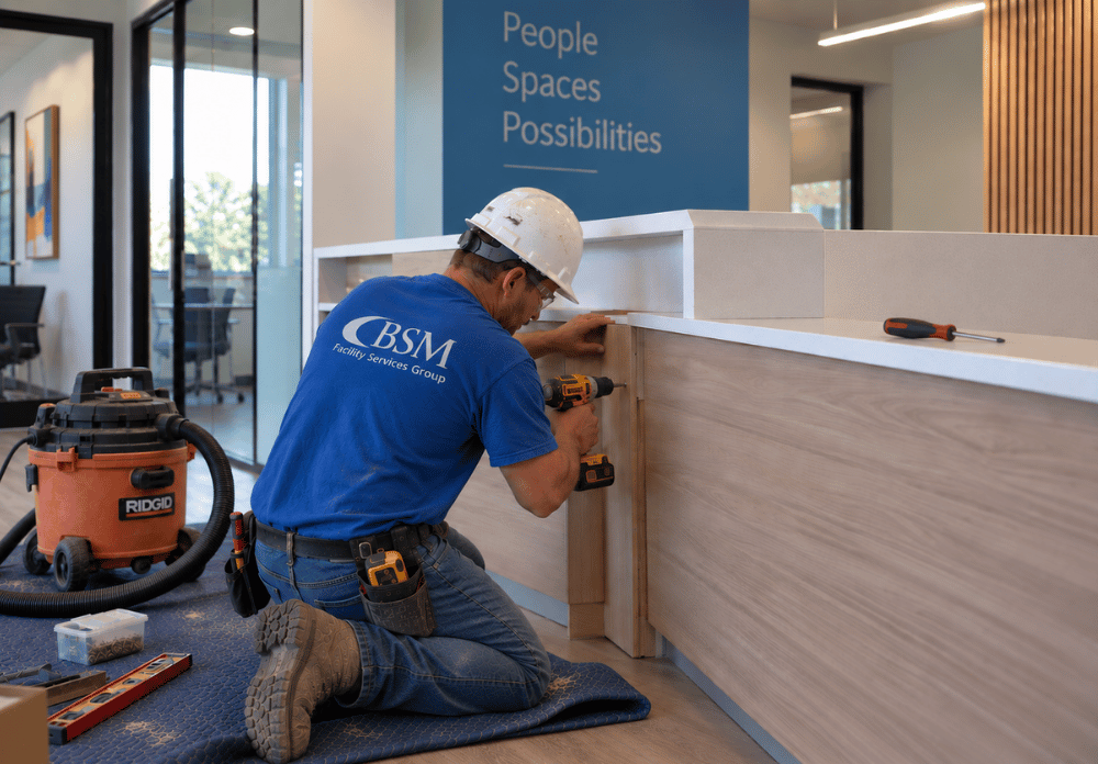Installing a new counter for receptionist space is BSM Facility Services Group carpenter