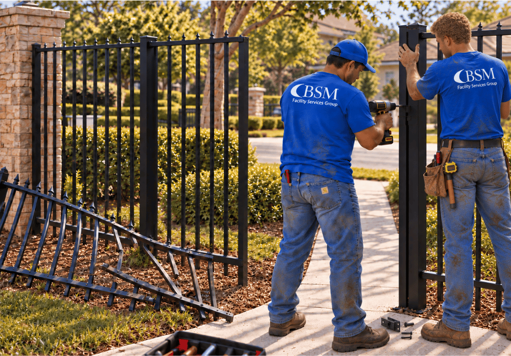 Men from BSM Facility Services Group repair an HOA fence and gate at the HOA community center