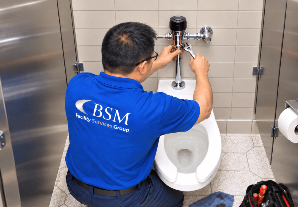 Fixing toilet flushing unit inside a public restroom in an office building is BSM Facility Services Group maintenance expert
