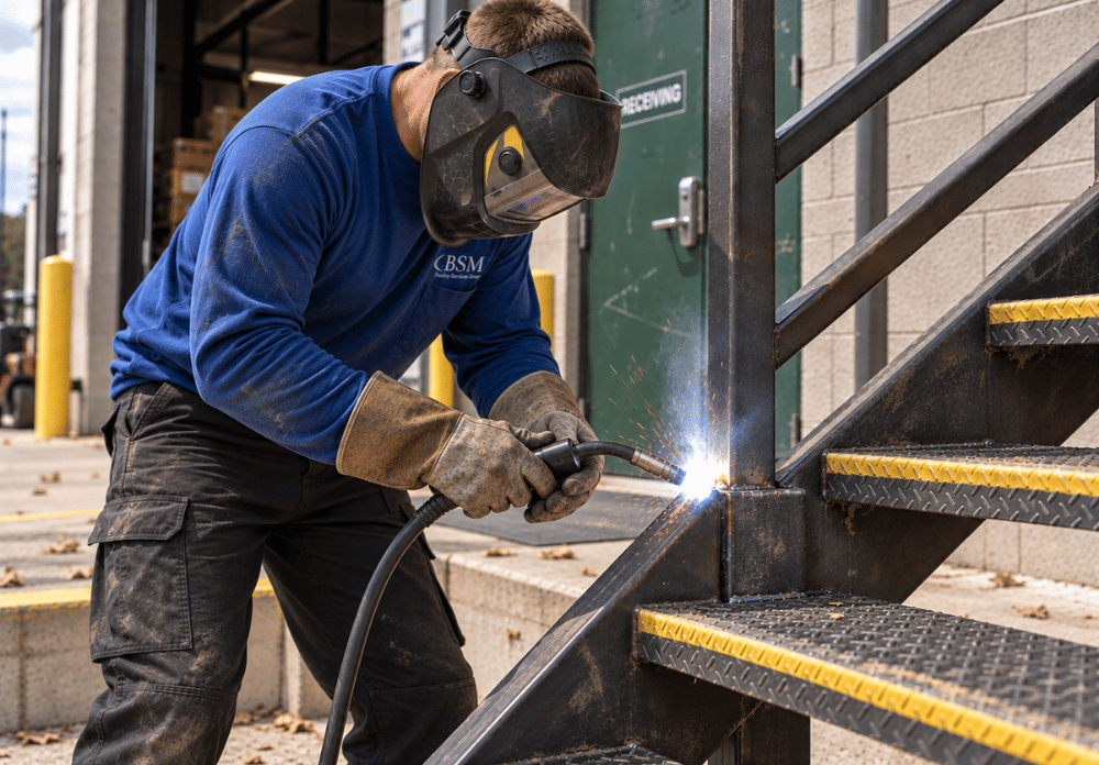 BSM Facility Services Group welder is fixing stairs to a distribution warehouse