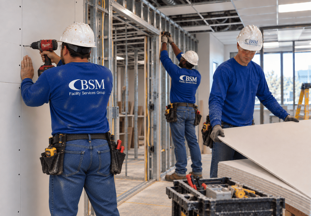 Drywall and framing is being completed by BSM Facility Services Group maintenance  repair team