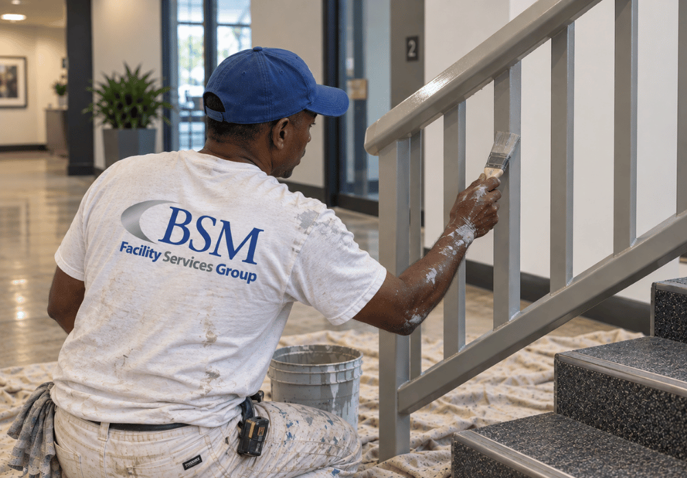 Painting a stairwell inside an office lobby is BSM Facility Services Group 