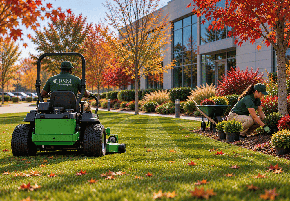 BSM Landscape mowing planting office lawn BSM Landscape mowing and planting office complex lawn